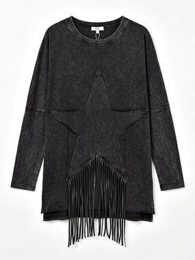 Blue Velvet Acid Wash Star Appliqué Fringe Knit Top/Tunic - NWT